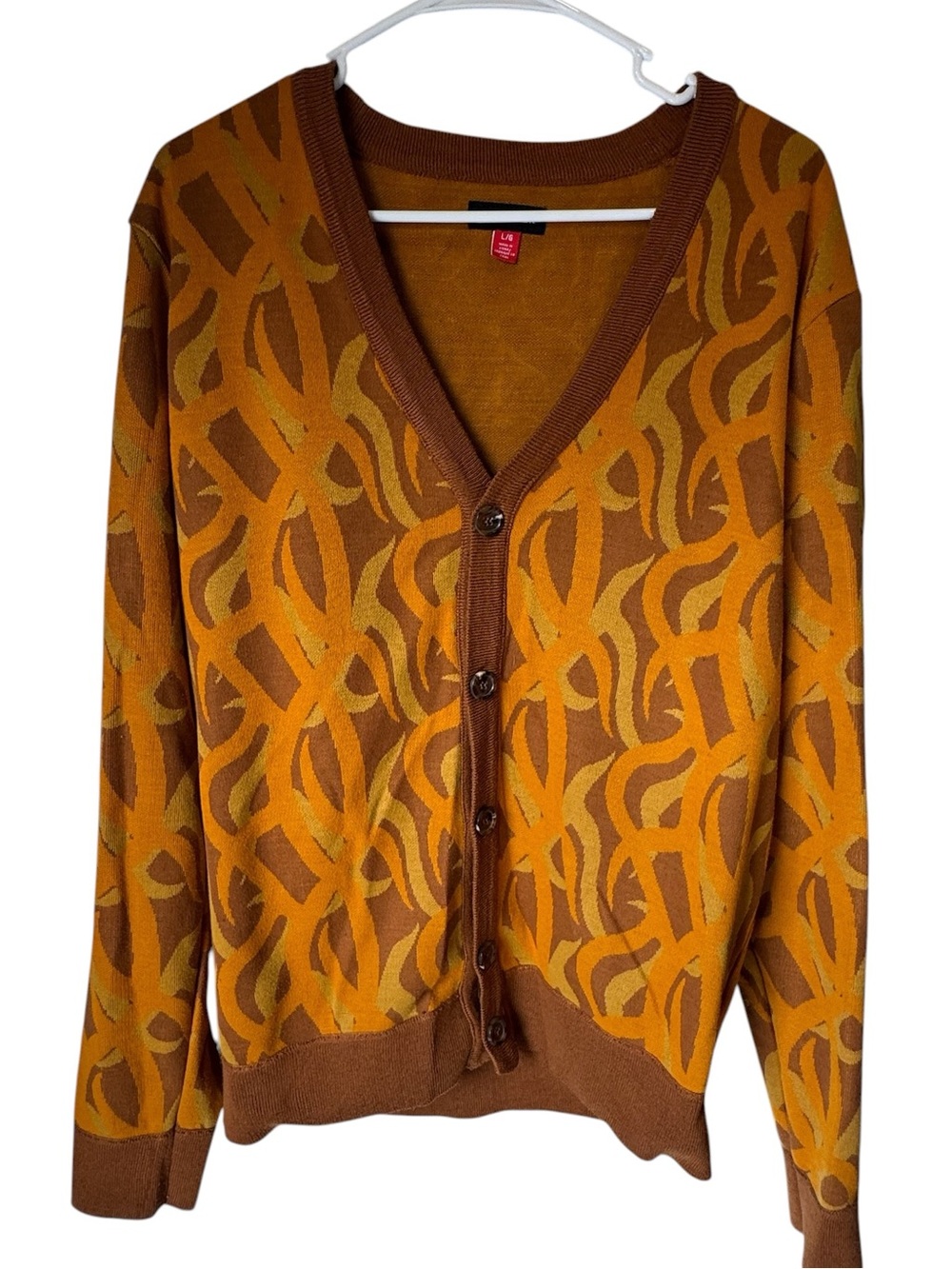 Retro AIrwalk Men's L Patterned V-Neck Cardigan Sweater Brown/Orange MINTY